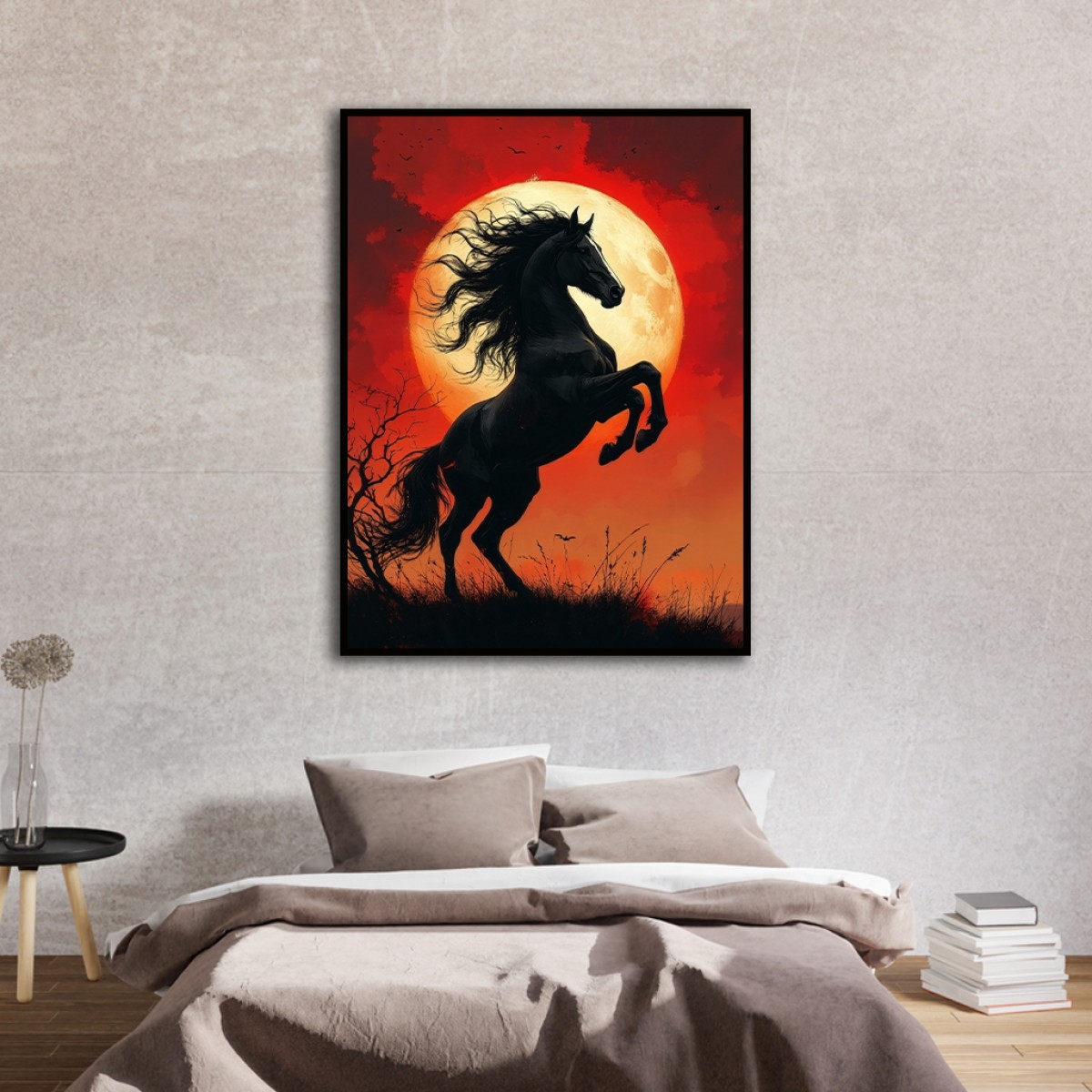 Dramatic Rearing Black Horse & Full Moon Silhouette Canvas Art
