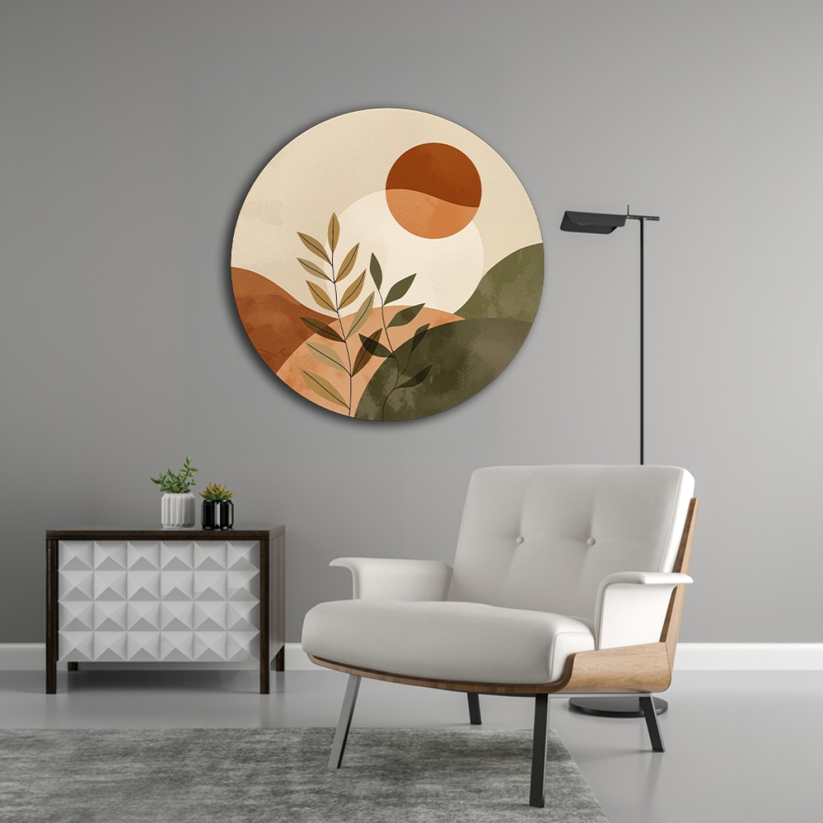 Round Boho Abstract Landscape Botanical Canvas Art
